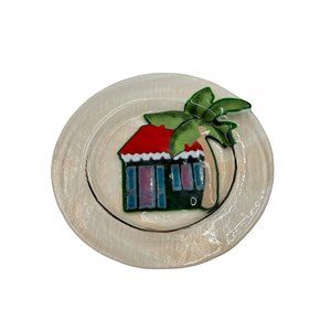 Signed Jan Mitchell Art Glass Studio Fused Glass Decor Plate House and Palm Tree